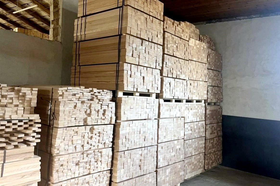 Kiln-dried beech blanks stacked on pallets